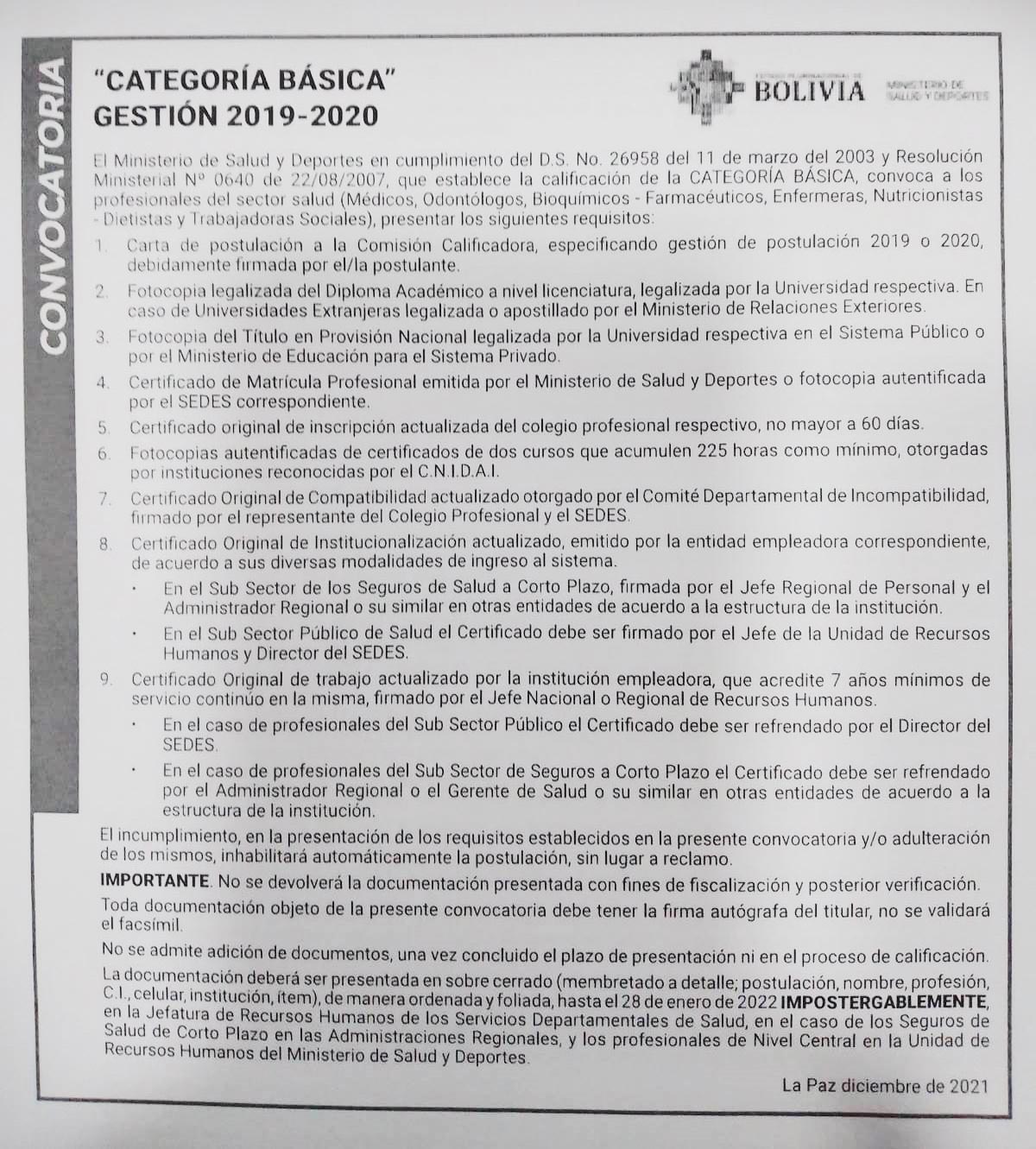 Ministerio De Salud Y Deportes De Bolivia Convocatoria De Categoría Básica Profesional Y 8313